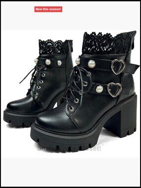 Goth Platform Combat Boots for Women Chunky High Heeled Ankle Boot